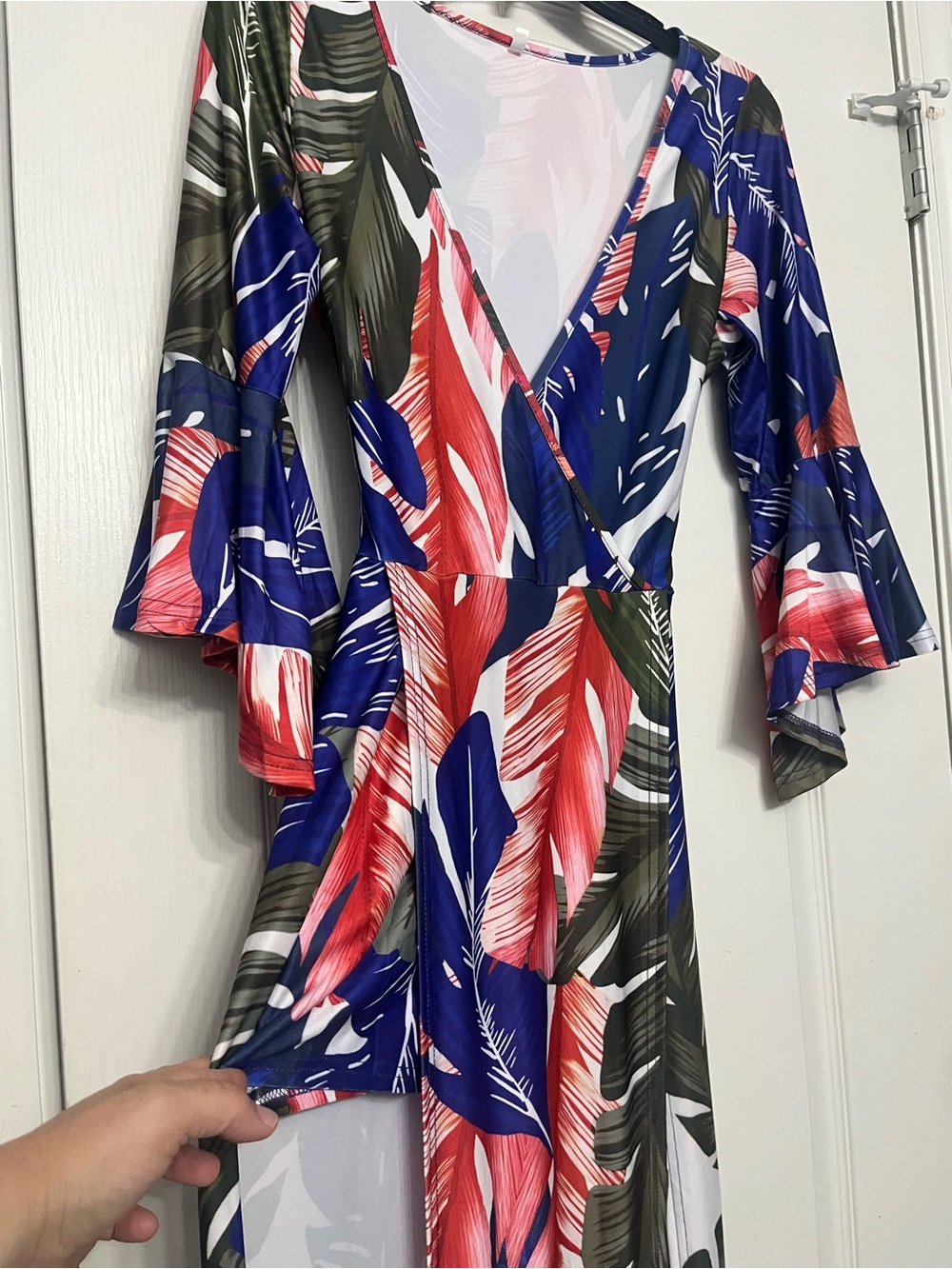 Amazon Floral Wrap Jumpsuit with Shorts Underneath in Blue, Red & Green